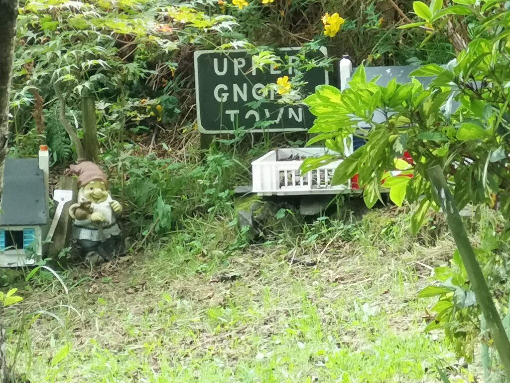 Eine kleine Zwergenstadt am Rande bei Rhu Beach, vesteckt unter Bäumen sieht man kleine Zwerge und selbst gebaute Häuser stehen.

Hier ist noch ein Schild zu sehen mit Aufschrift: Upper Gnom Town